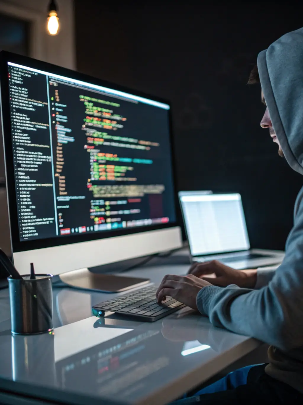 An image of a developer working on a cloud-based SaaS platform with AI integration visualizations, showcasing Innovative Surges' SaaS Product Development service.