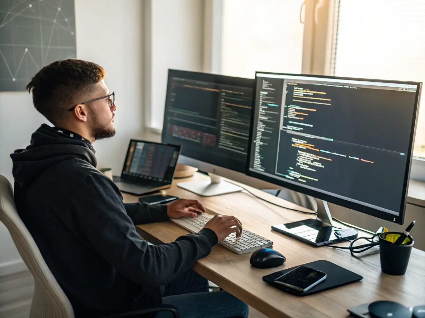An image of a developer working on a cloud-based SaaS platform with AI integration visualizations, representing SaaS Product Development.