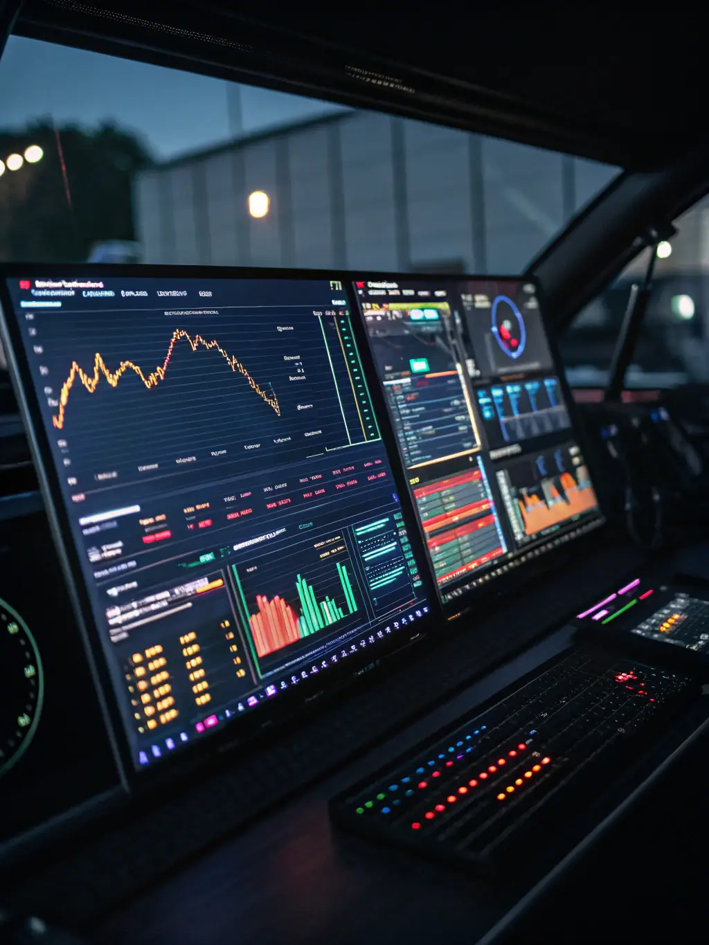 A sleek dashboard interface showcasing AI-driven business creation tools with visual analytics and automation features, representing Innovative Surges' AI Business Builder.