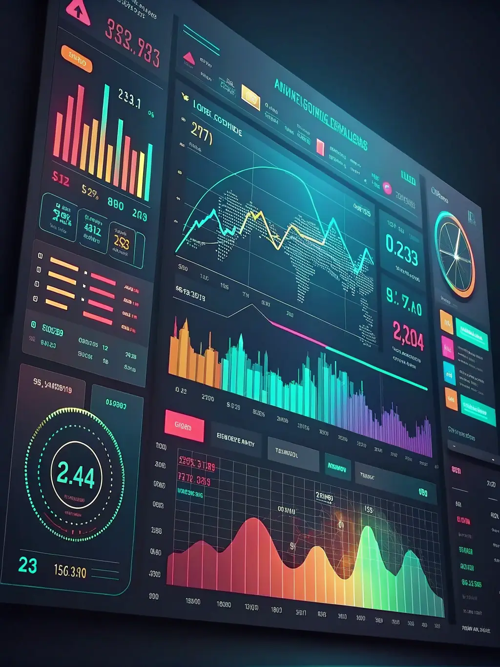 A visual of a digital trading dashboard with AI analytics and automated trading bots, representing Innovative Surges' Trading Ecosystem Creation service.