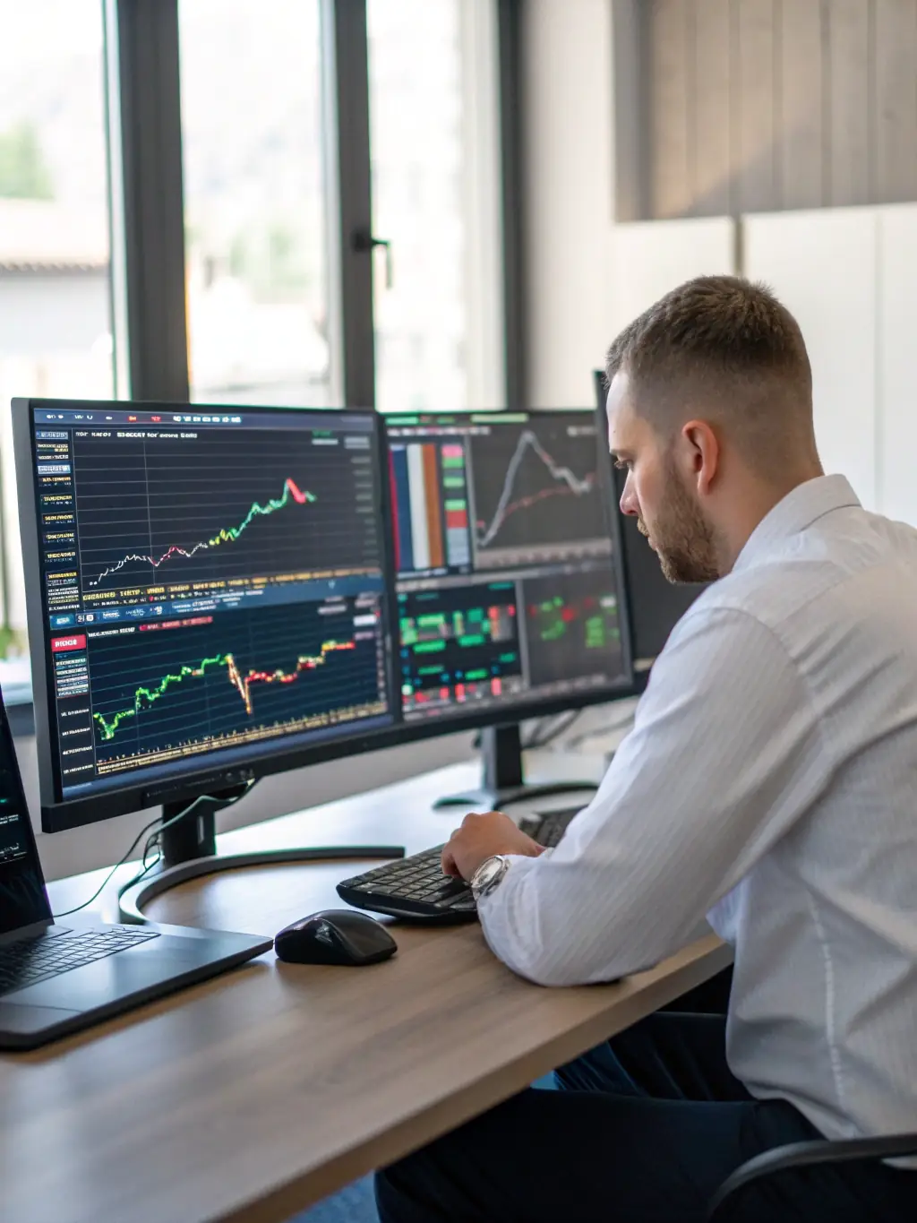 A visual of a digital trading dashboard with AI analytics and automated trading bots, representing Innovative Surges' Trading Ecosystem Creation service.